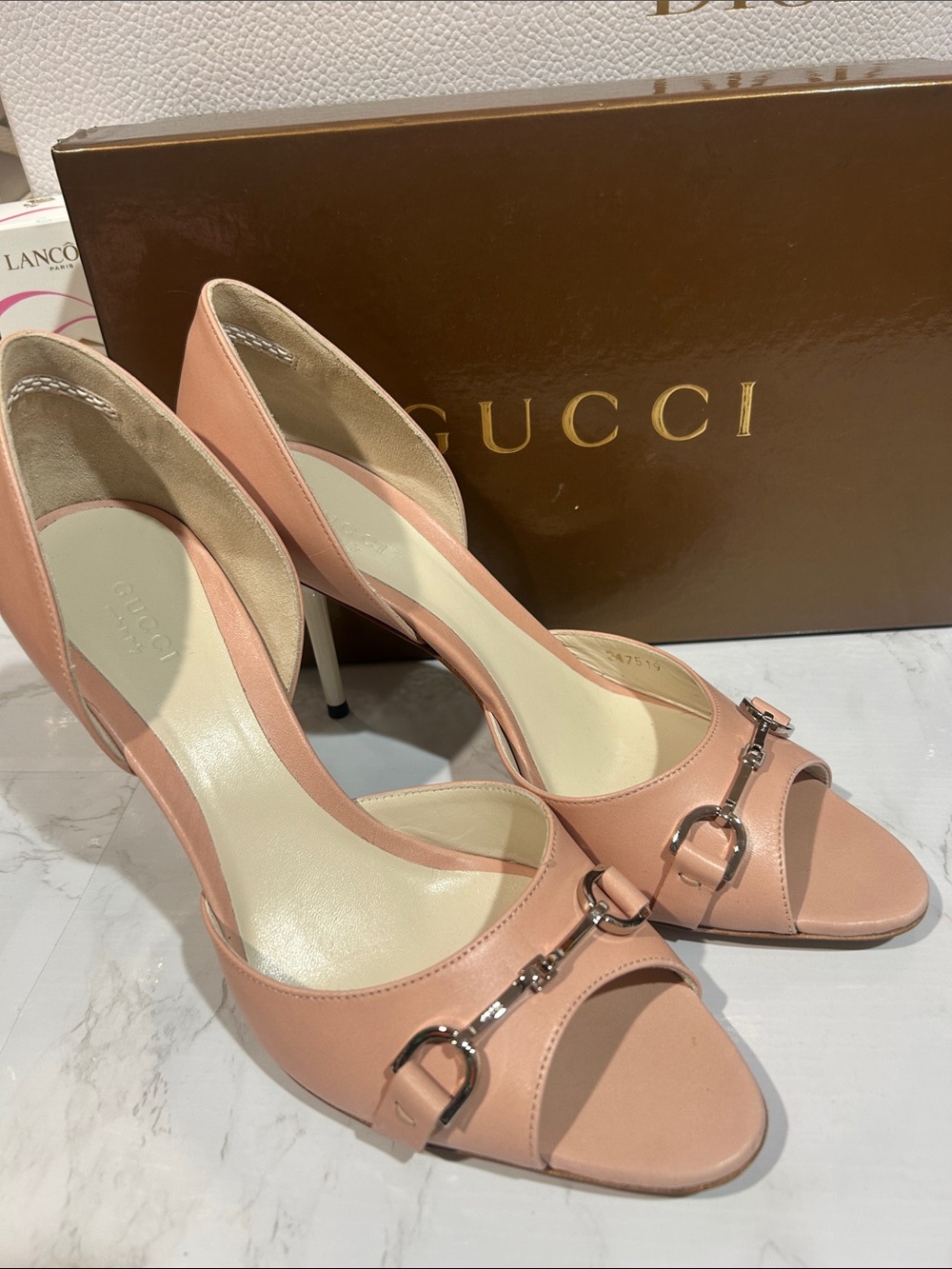 Gucci Women's Pink Leather Horsebit Peep-Toe Heels